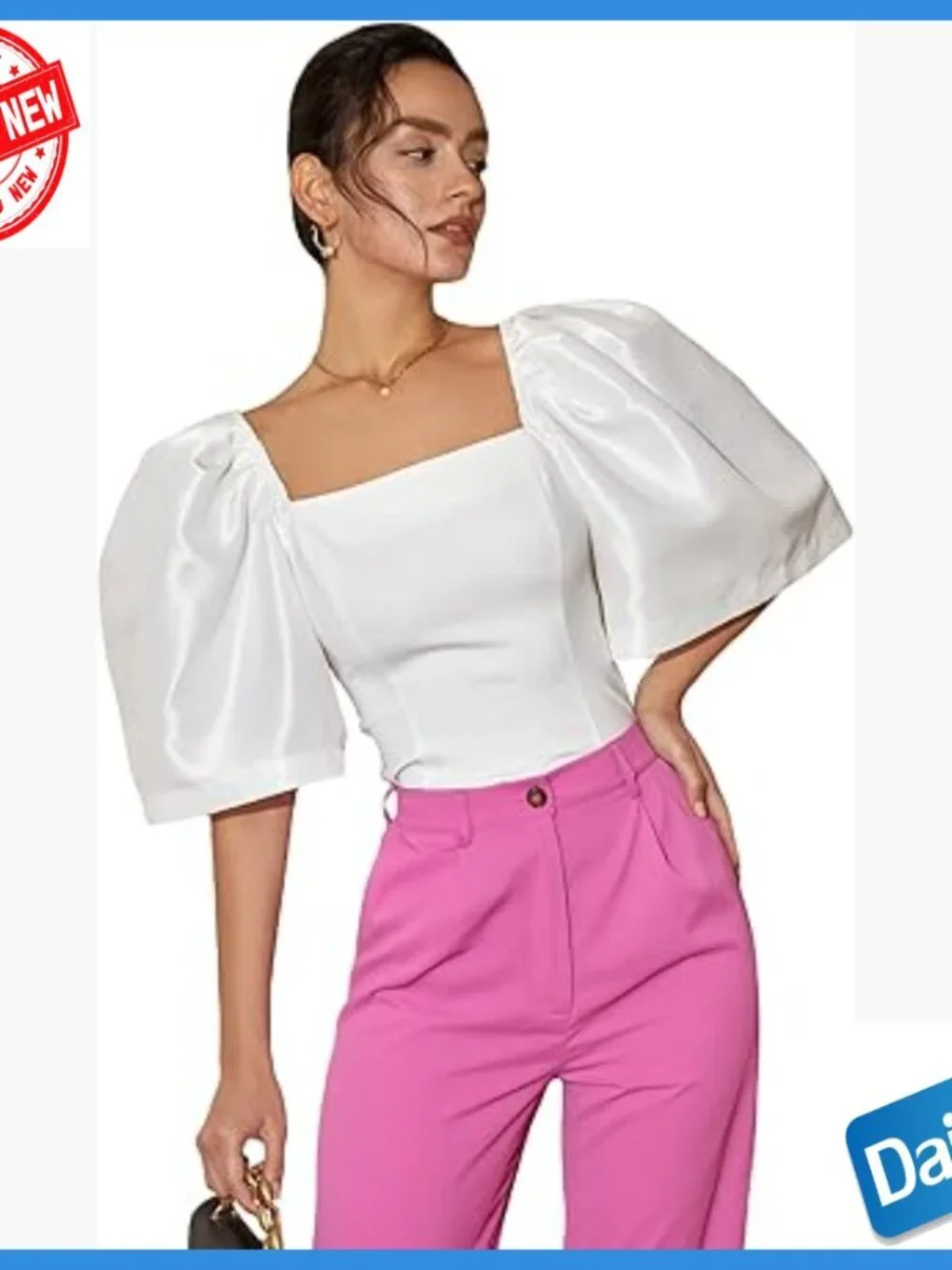 White Square Neck Puff Sleeve Crop Top Blouse Slim Fit Polyester